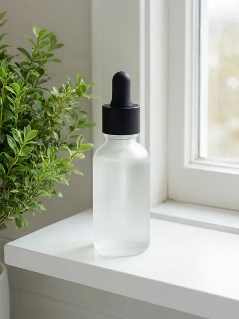 Photo of the bottle on a bathroom shelf
