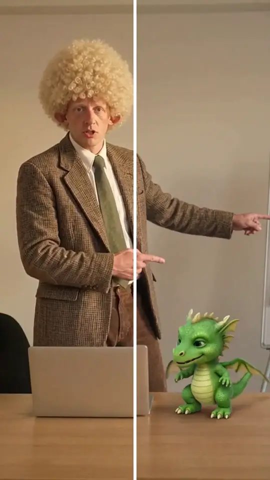 À gauche, un homme en costume de tweed montre un tableau dans un bureau. À droite, la même scène avec un bébé dragon vert posé sur la table.