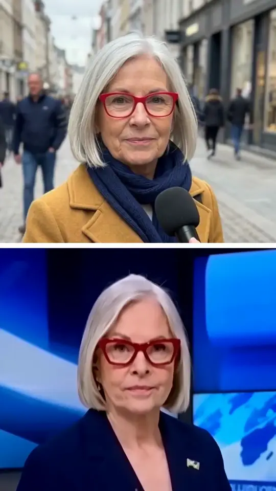 En haut, une femme au manteau moutarde tient un micro dans une rue. En bas, la même femme sur un plateau de journal télévisé.