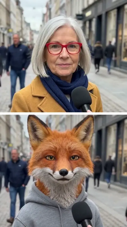En haut, une femme au manteau moutarde tient un micro dans une rue. En bas, au même endroit, un personnage renard en sweat tient le micro.